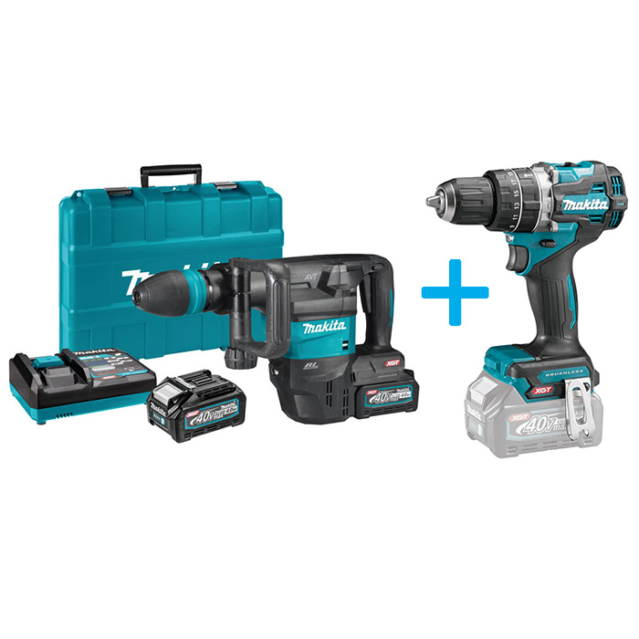 Makita XGT akcijski set - akumulatorski čekić za rušenje XGT 40V 4,0Ah + akumulatorska udarna bušilica-odvijač XGT 40V HM001GM201+HP002GZ