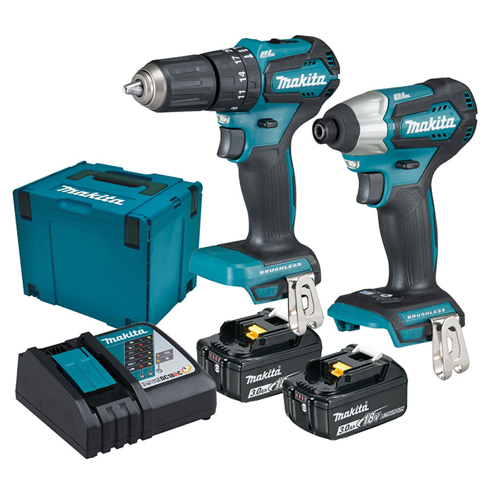 Makita LXT set - akumulatorska udarna bušilica-odvijač DHP483Z + akumulatorski udarni odvijač DTD155Z + punjač + 2 baterije + Makpac DLX2221JX2