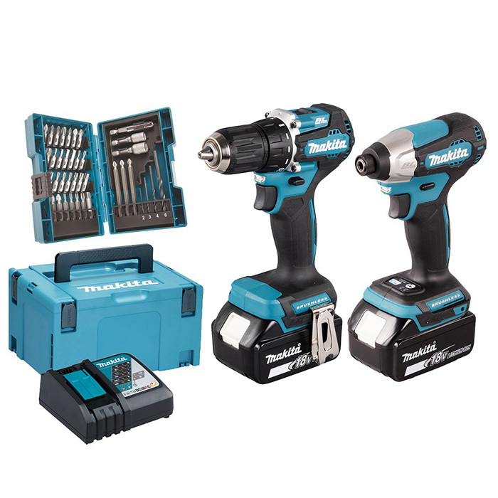 Makita LXT set - akumulatorska bušilica-odvijač DDF487Z + akumulatorski udarni odvijač DTD157Z + punjač + 2 baterije + komplet pribora 38-delni + Makpac DLX2423JX4