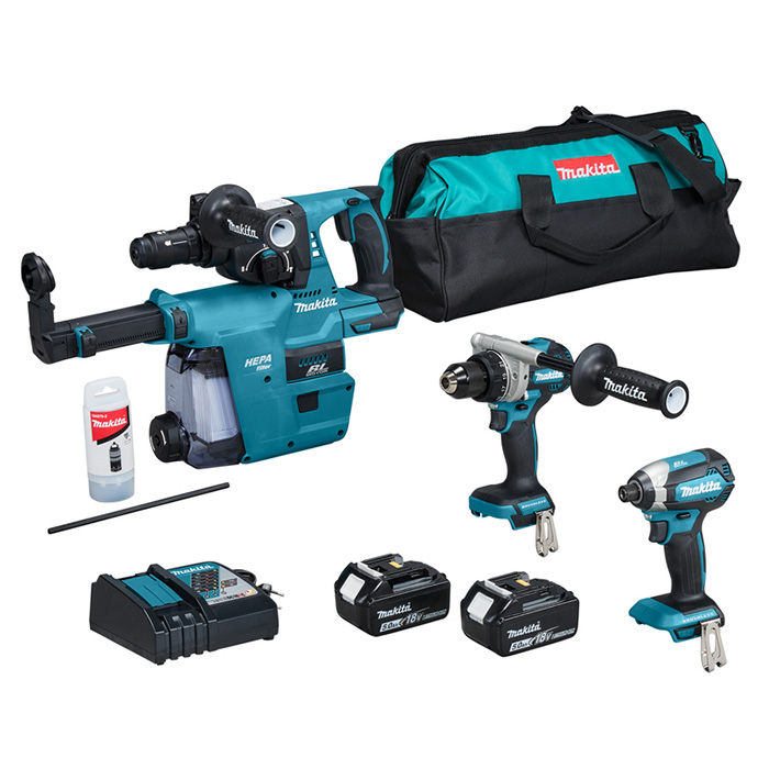 Makita LXT set - akumulatorska bušilica-odvijač DDF486Z + akumulatorski udarni odvijač DTD153Z + akumulatorska bušilica-čekić DHR243Z + punjač + 2 baterije + torba DLX3154TX1