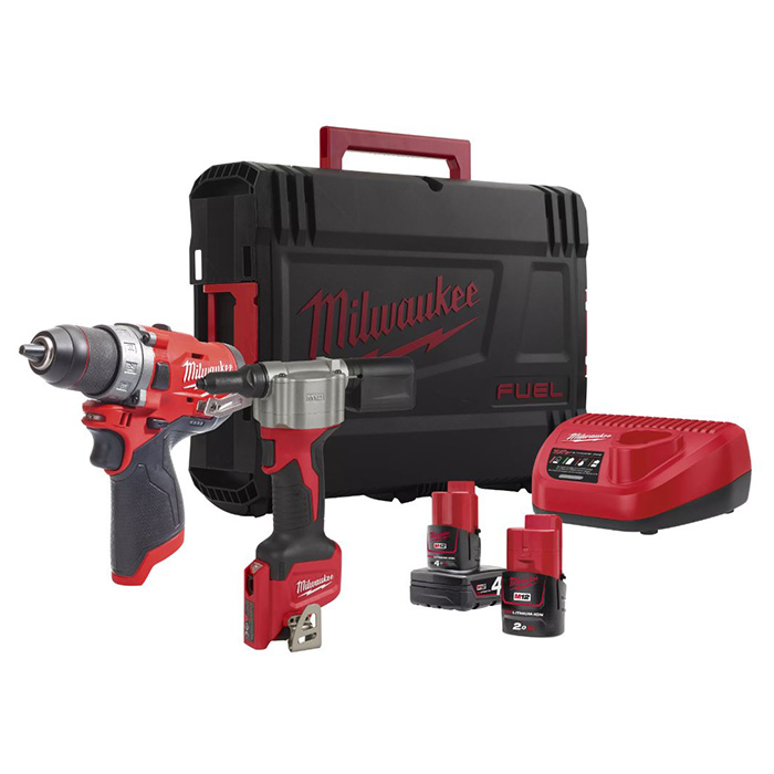 Milwaukee aku set - vibraciona bušilica-odvijač 12V + aku alat za pop nitne 12V + punjač + 2 baterije + kofer M12 FPP2S-422X SET