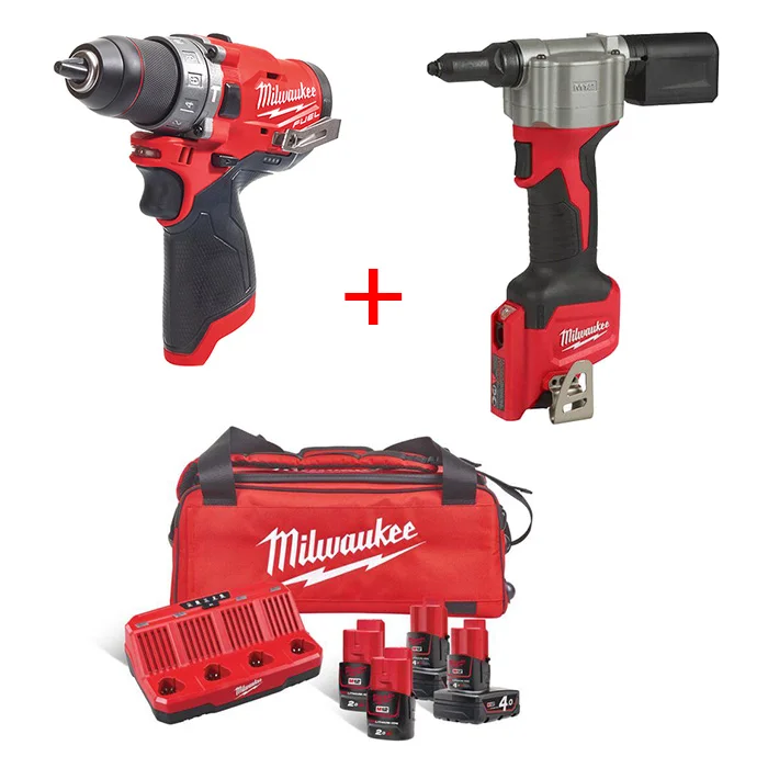 Milwaukee aku set - bušilica-odvijač 12V + aku alat za pop nitne 12V + punjač + 4 baterije + torba M12 FPD + M12 BPRT SET
