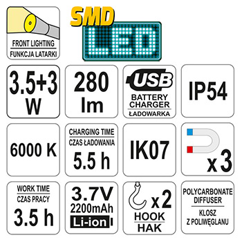 Yato punjiva LED lampa SMD LED 3,5W + 3W YT-08508-7